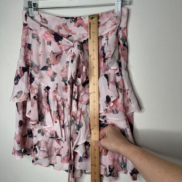 Iro Floral Light Pink Abstract Daring Wrap Flowy Layered Ruffled Mini Skirt 40 - Picture 16 of 16